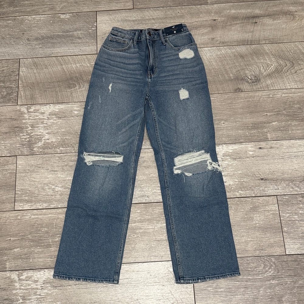 Hollister Dark Blue Distressed Straight Leg Jeans